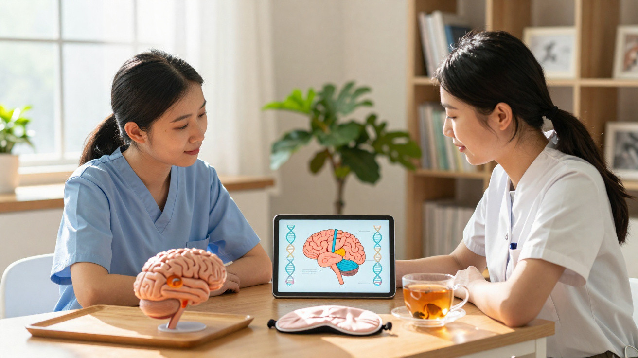 Duas profissionais de saúde discutem neurociência com modelo de cérebro e ilustrações num tablet numa sala iluminada.