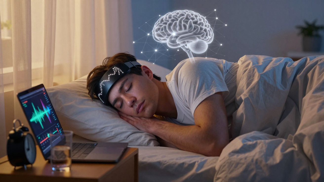 Homem a dormir com dispositivo de monitorização cerebral, computador mostra dados do sono ao lado da cama.