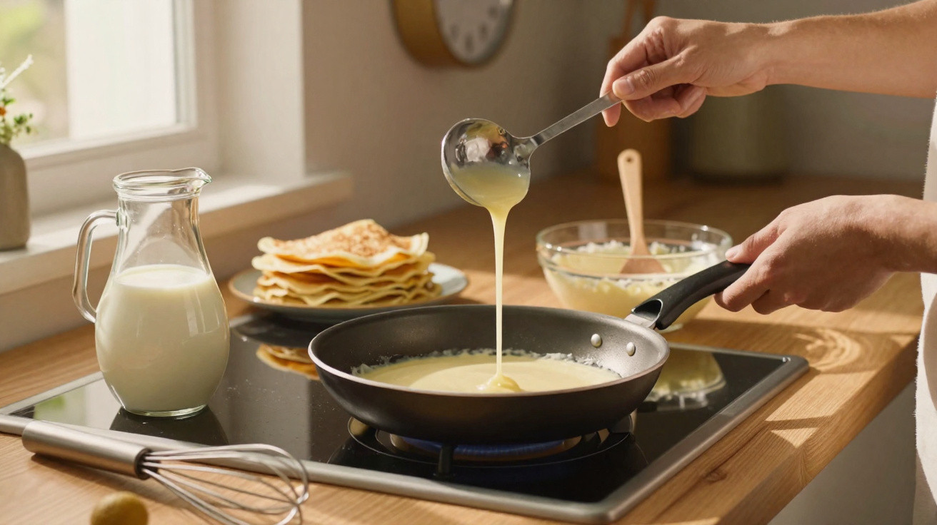 Mãos a verter massa de crepe numa frigideira quente, com jarra de leite e pilha de crepes ao fundo.