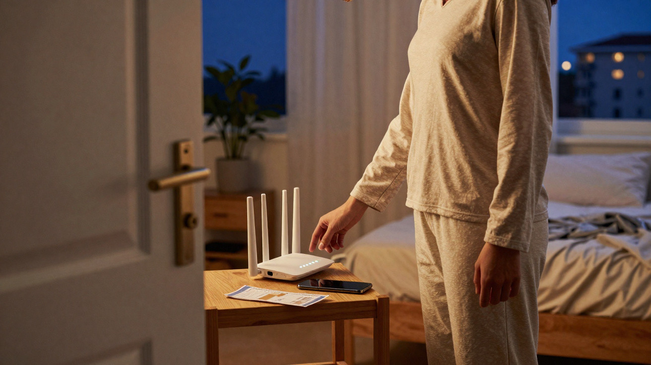 Pessoa em pijama ajusta um router wifi numa mesa de cabeceira ao lado de uma cama durante a noite.