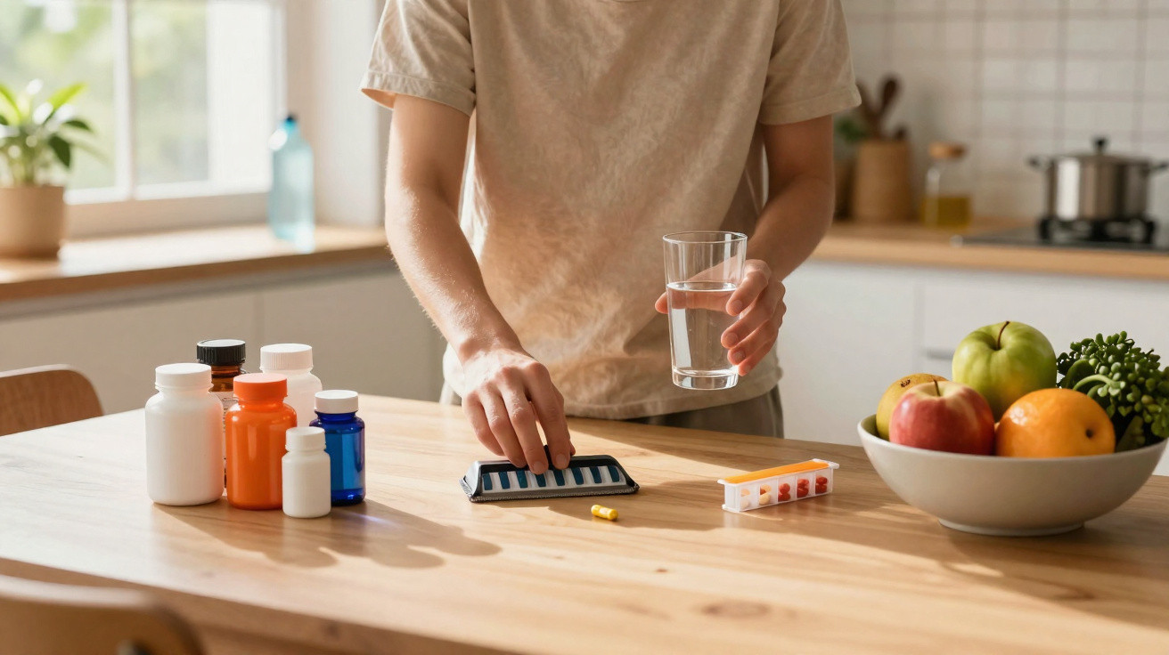 Pessoa a segurar copo de água e a apanhar comprimido, com várias frascos de medicamentos e frutas numa mesa de cozinha.