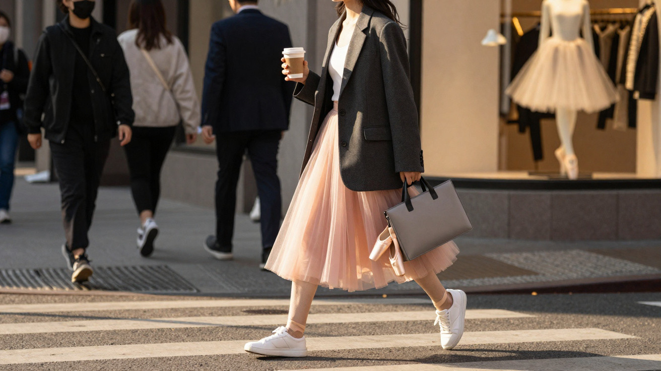 Mulher de saia rosa e blazer cinza a atravessar passadeira com café e bolsa numa rua urbana.