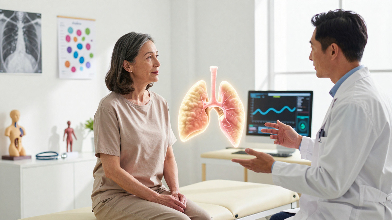 Médico conversa com paciente mulher sobre saúde pulmonar, com ilustração digital de pulmões entre eles.