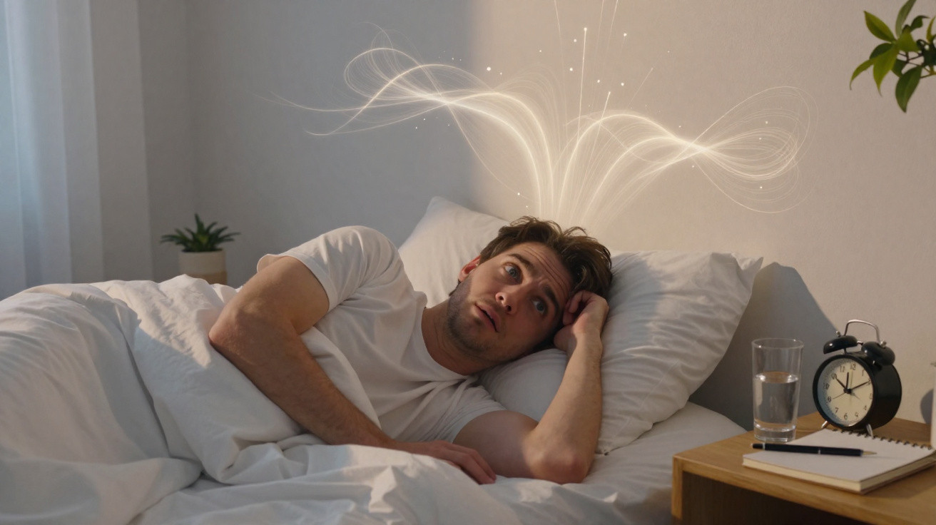 Homem deitado na cama acordado, com luzes abstratas a saírem da sua cabeça, representando pensamentos ou insónias.