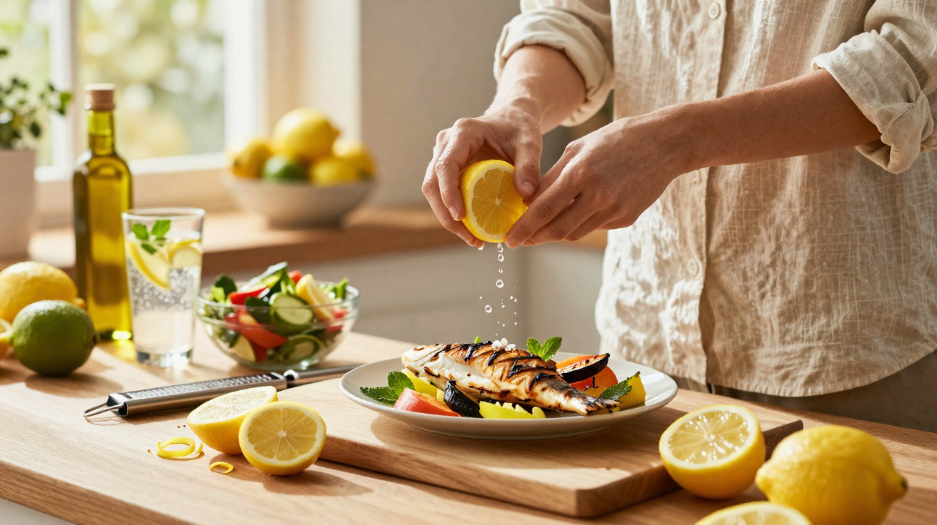 Pessoa a espremer limão sobre peixe grelhado numa cozinha iluminada com ingredientes frescos à volta.