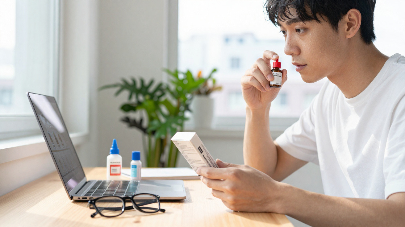 Homem sentado a ler bula de medicamento e a cheirar frasco, com computador portátil e óculos numa mesa.