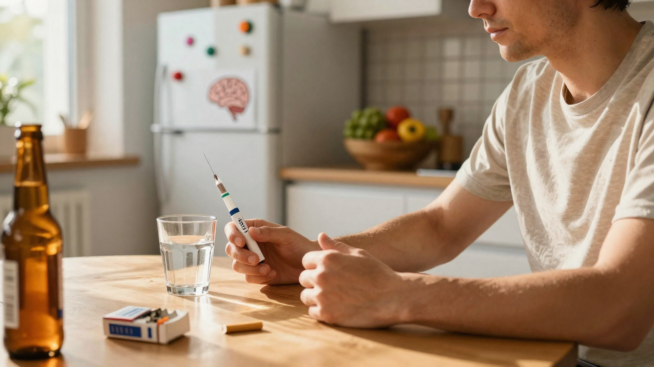 Homem sentado à mesa segurando seringa próximo a copo de água e objetos de tabaco.