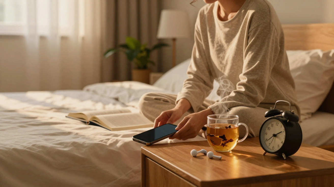 Pessoa sentada na cama a usar telemóvel, com livro aberto, chá e relógio na mesa de cabeceira.