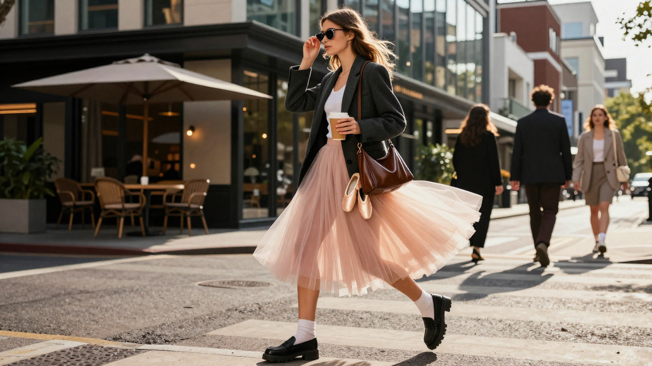 Mulher jovem de saia esvoaçante e blazer a atravessar rua urbana com café na mão e sapatilhas no saco.