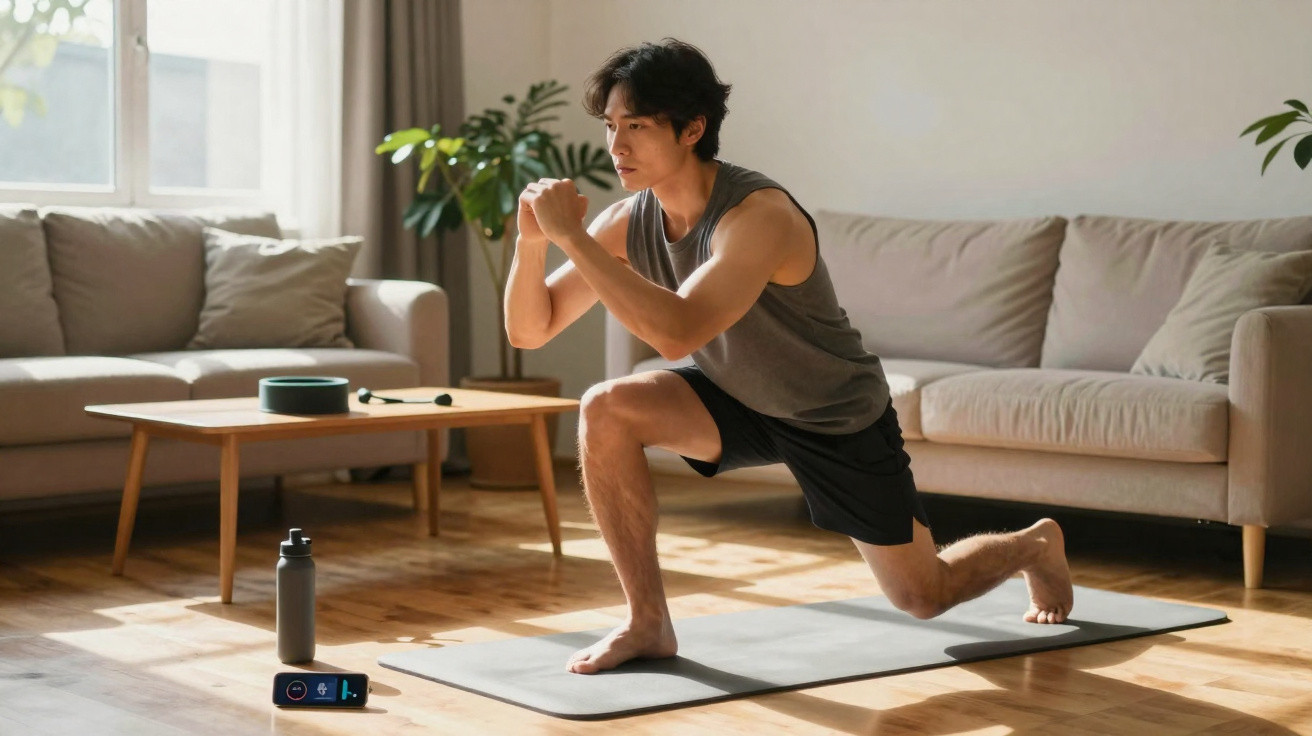 Homem a fazer exercícios de alongamento num tapete de yoga numa sala de estar luminosa.
