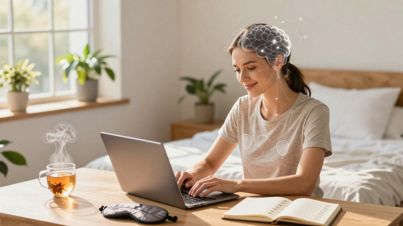Mulher a trabalhar no computador numa mesa com chá quente, livro aberto e ambiente calmo e luminoso.