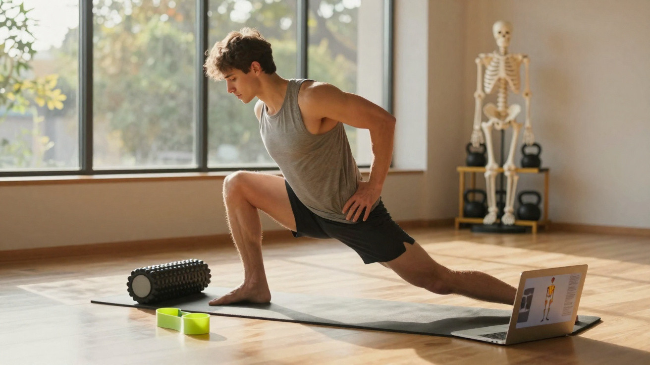 Homem a fazer alongamentos num tapete junto a laptop com imagens de fitness e um esqueleto de modelo ao fundo.