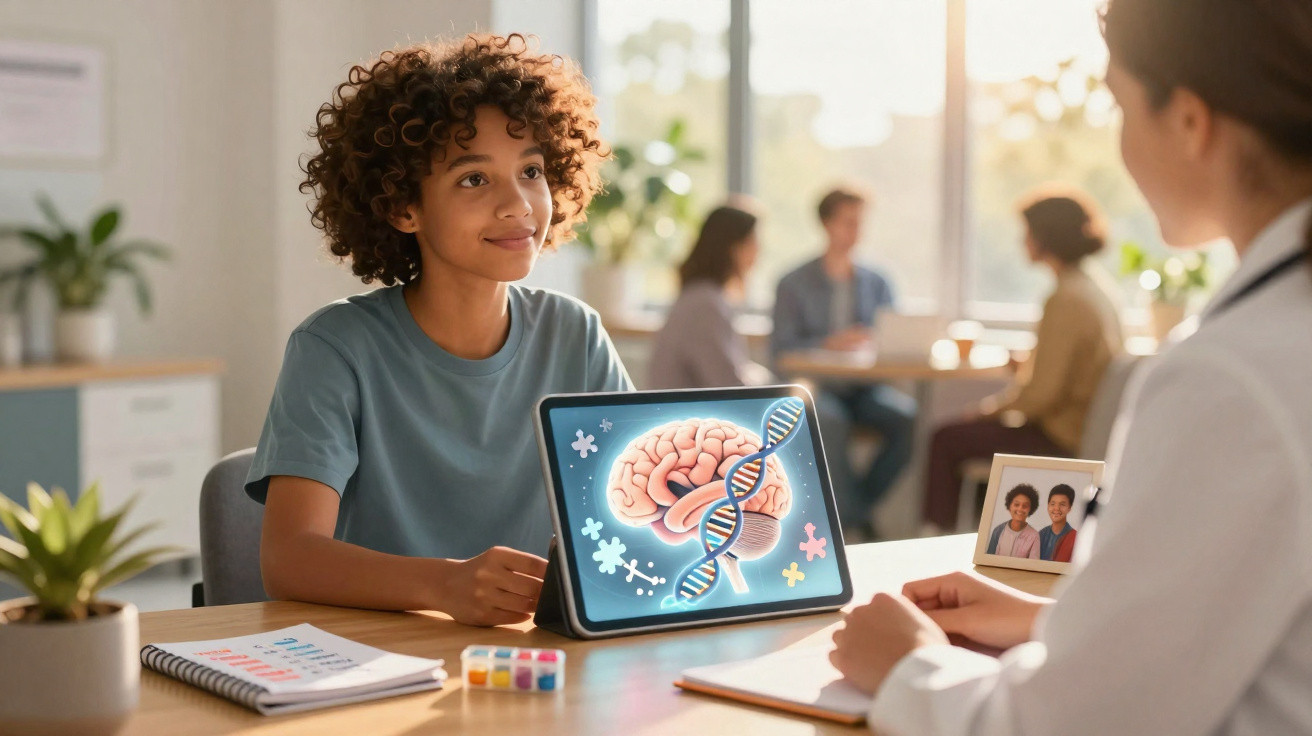 Jovem conversa com médica, tablet mostra cérebro e hélice de ADN numa consulta médica.