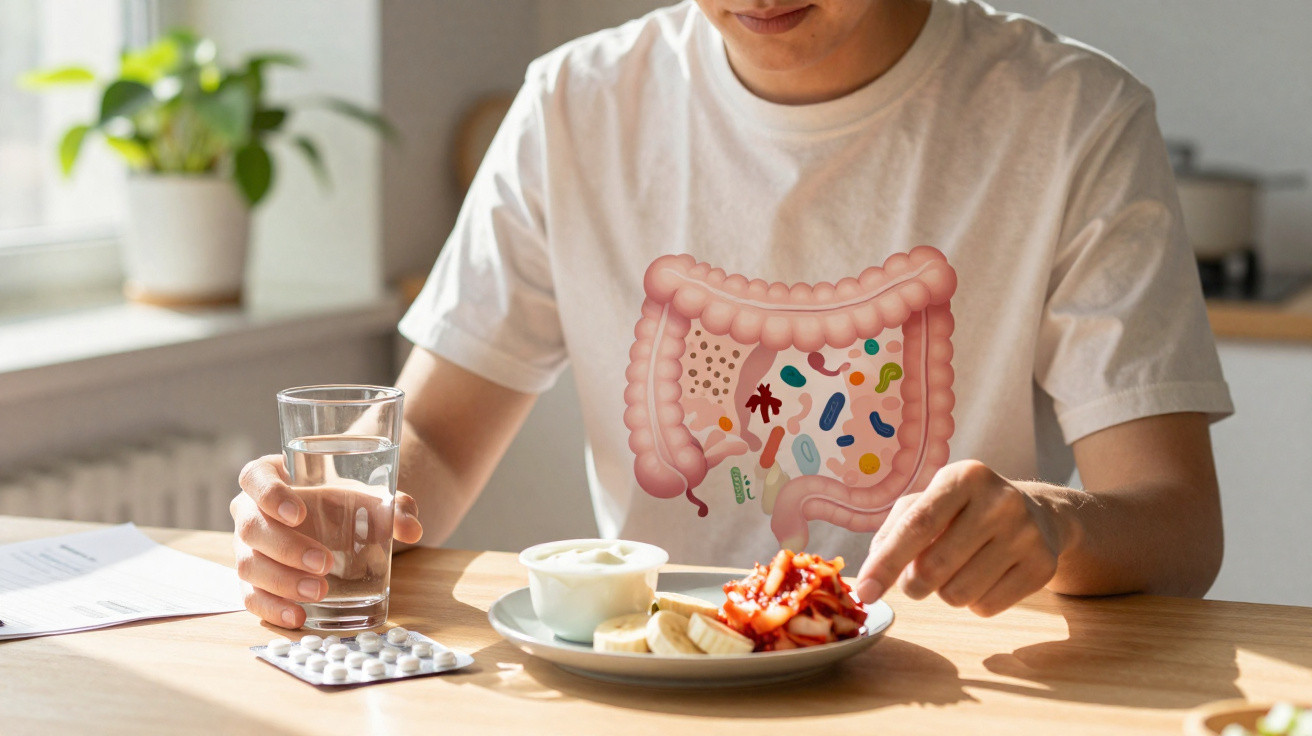 Pessoa a segurar copo de água, com prato de fruta e iogurte, ilustrando intestino saudável e microbiota.