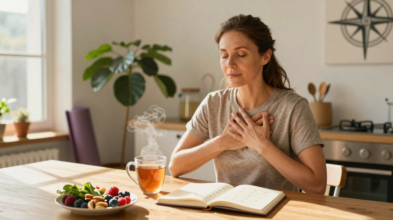 Mulher sentada na cozinha, relaxada, com as mãos no peito, chá quente e caderno aberto à sua frente.