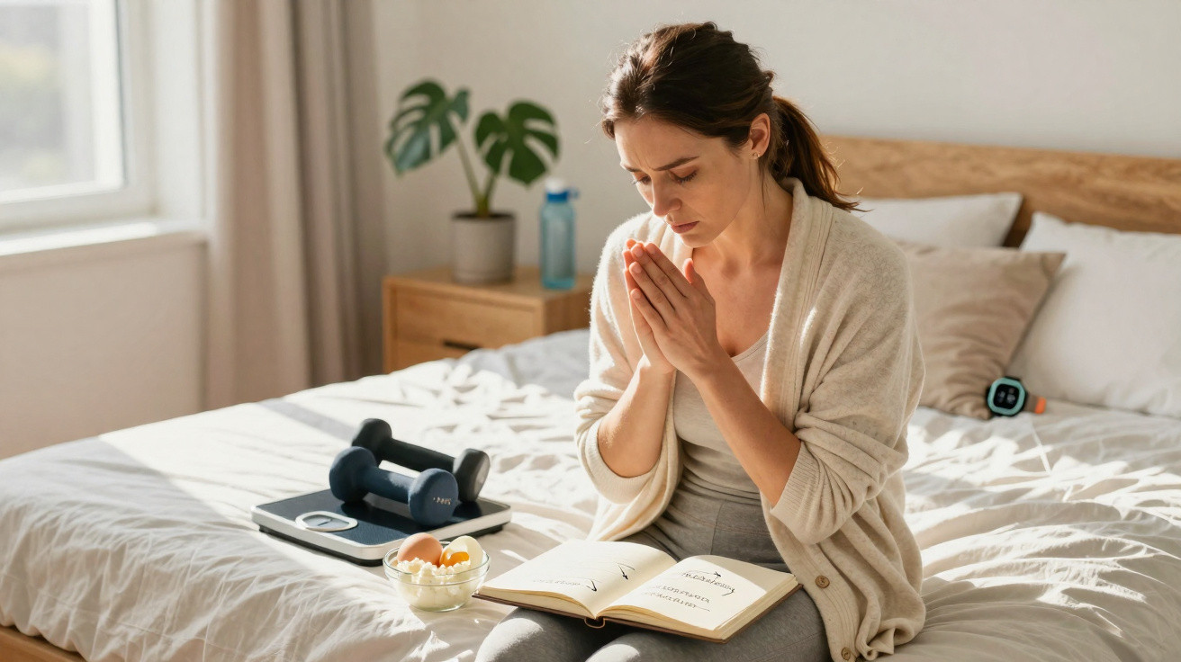 Mulher sentada na cama a ler e refletir num livro, com halteres e alimentos saudáveis ao lado.