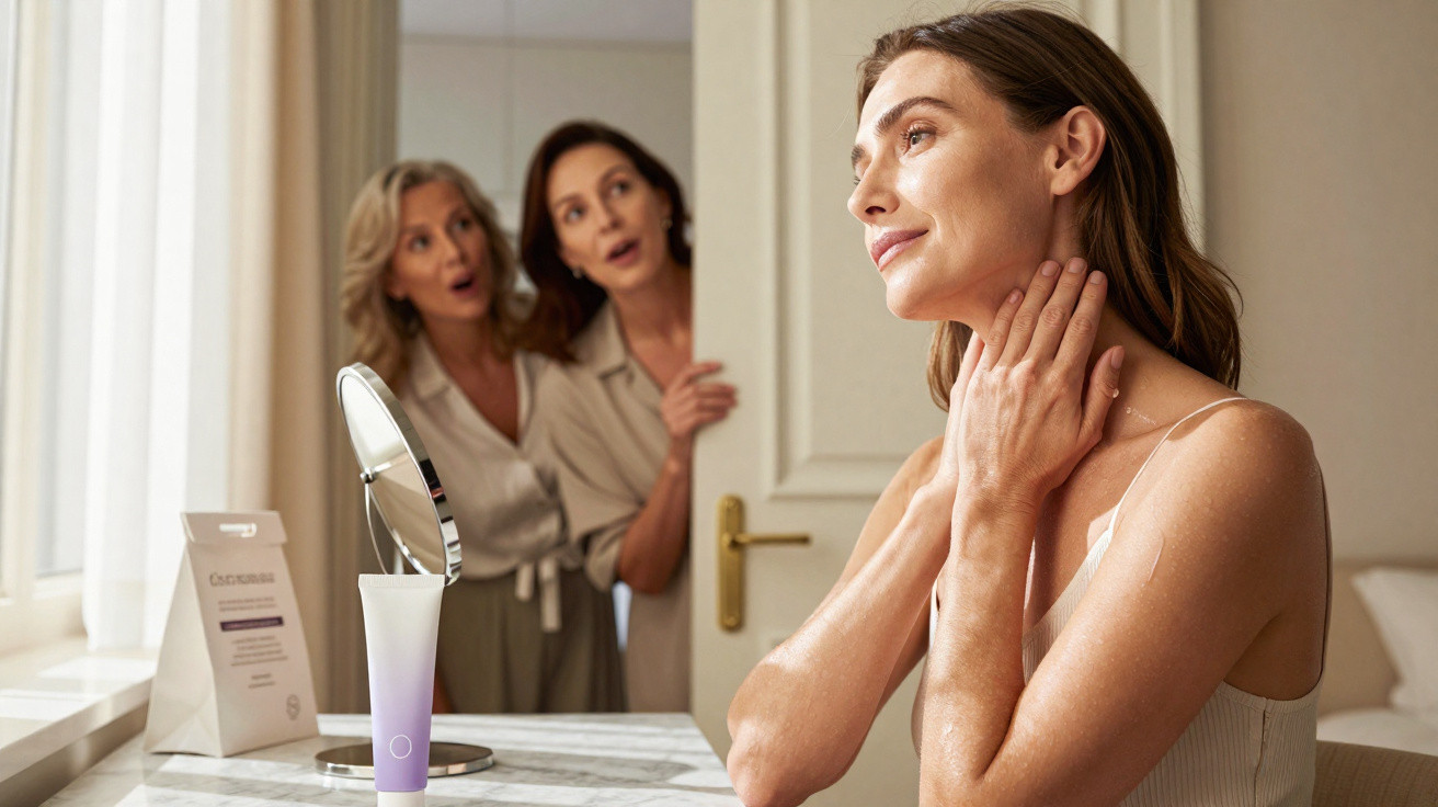 Mulher aplica creme no pescoço enquanto duas observam à porta com expressão de admiração.