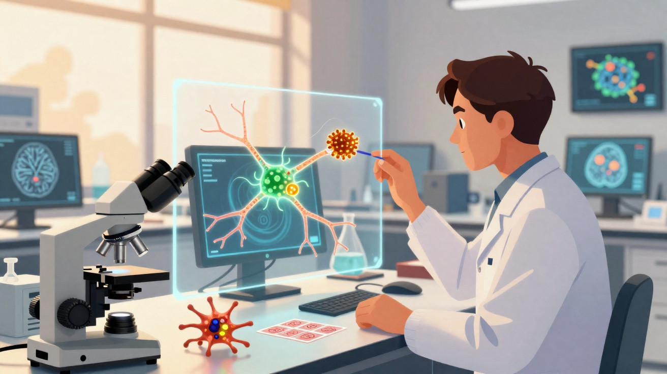 Cientista em laboratório a analisar neurónios e vírus num ecrã holográfico com microscópio ao lado.