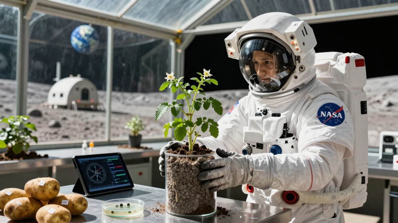 Astronauta da NASA num laboratório lunar a estudar planta em vaso transparente com batatas e tablet ao lado.