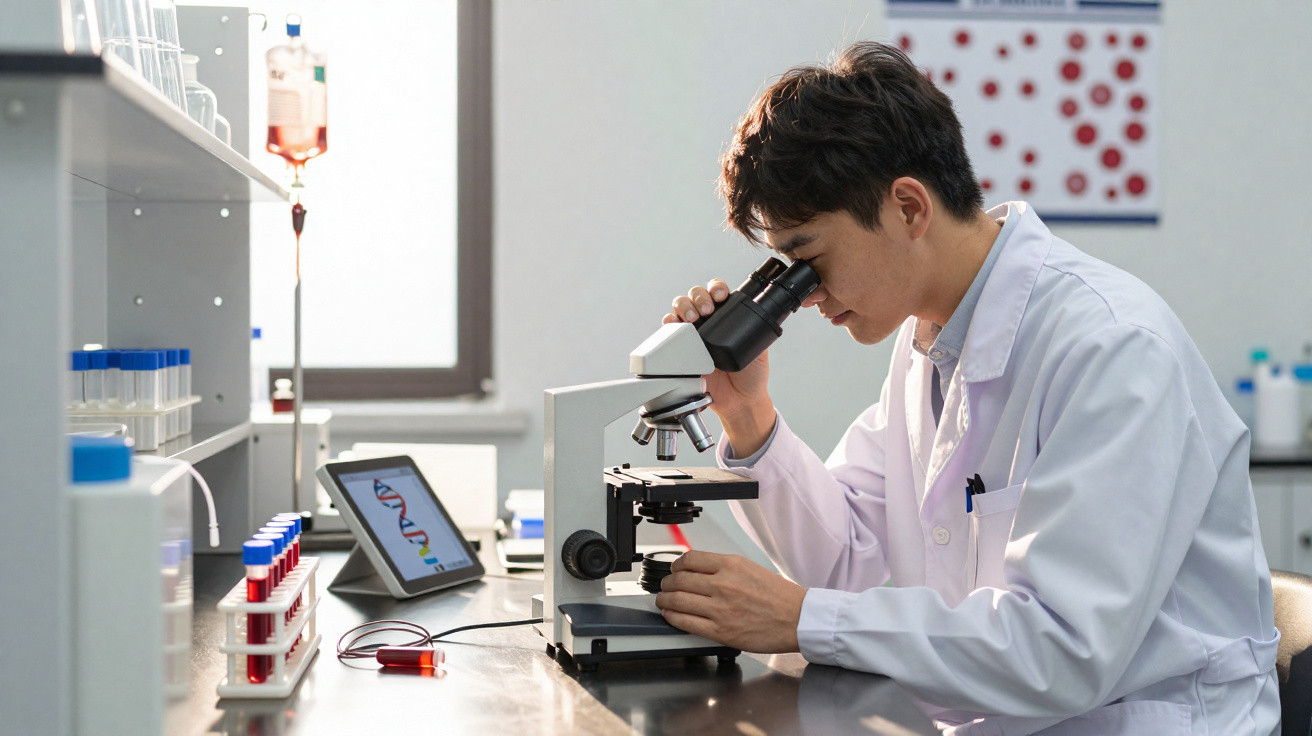 Homem de bata branca a observar amostra ao microscópio num laboratório com tubos de ensaio e ecrã digital.