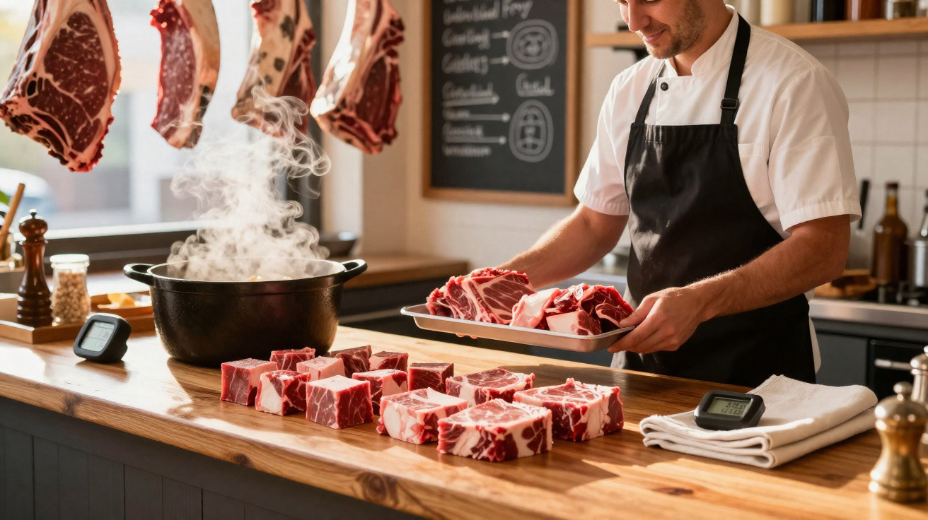 Talhante a preparar pedaços de carne na bancada com carne pendurada atrás e panela a fumegar.