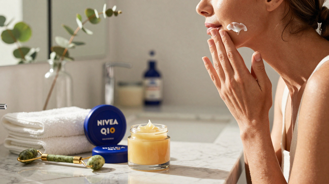 Mulher a aplicar creme facial num banheiro com creme Nivea Q10 e rolo de jade sobre a bancada.