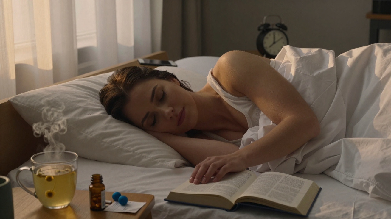 Mulher a dormir na cama com livro aberto e chá quente numa mesa ao lado, numa manhã iluminada.