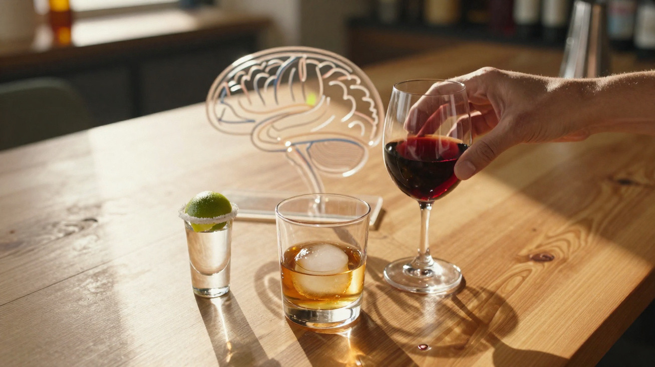 Mão a segurar copo de vinho tinto com copos de whisky e shot com lima sobre mesa de madeira e cérebro em fundo.