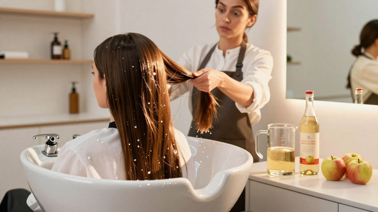 Mulher a lavar cabelo num lavatório enquanto cabeleireira segura os fios molhados num salão moderno.