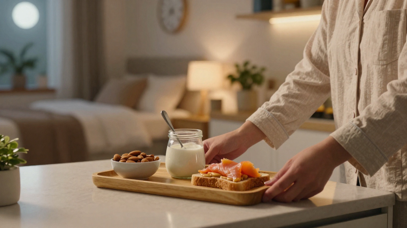Pessoa a servir pequeno-almoço com iogurte, amêndoas e sandes numa mesa numa cozinha acolhedora.