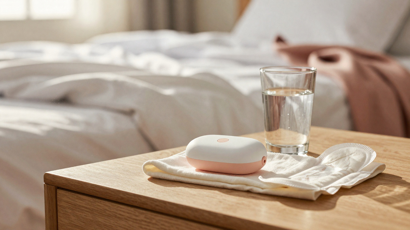 Mesa de cabeceira com copo de água, dispensador e pensos higiénicos junto a cama desfeita.