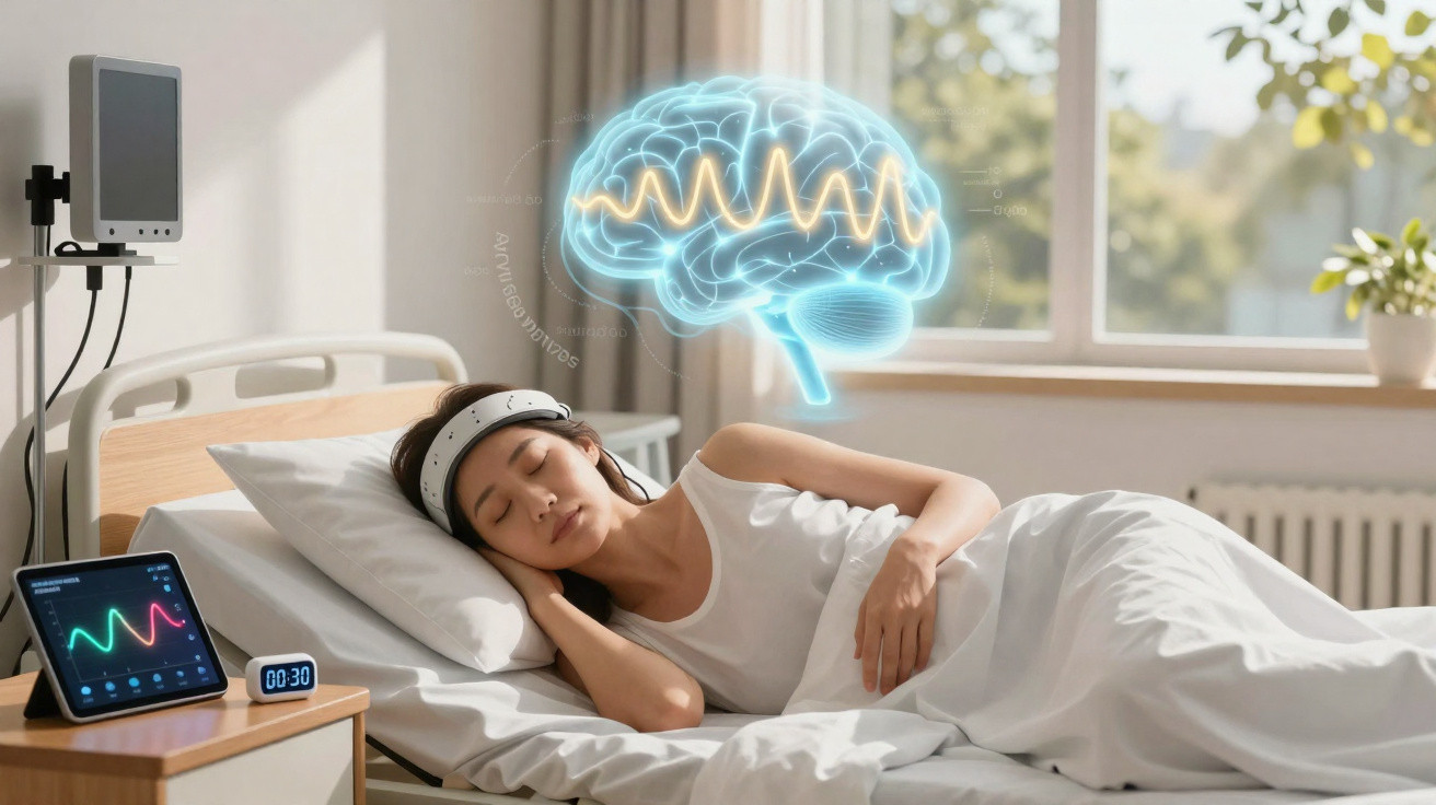 Mulher a dormir com dispositivo médico na cabeça, monitor a registar ondas cerebrais num quarto iluminado.