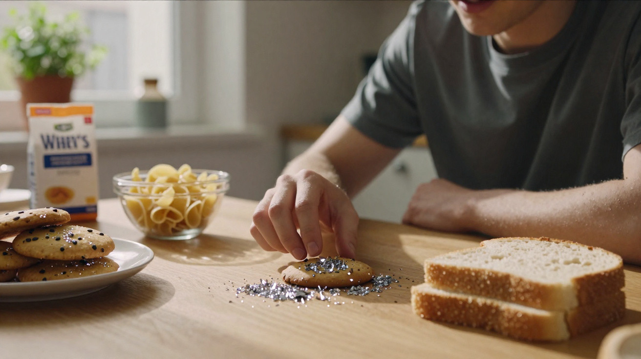 Pessoa a pegar biscoito com sementes sobre mesa de madeira com pão e lanche ao fundo.