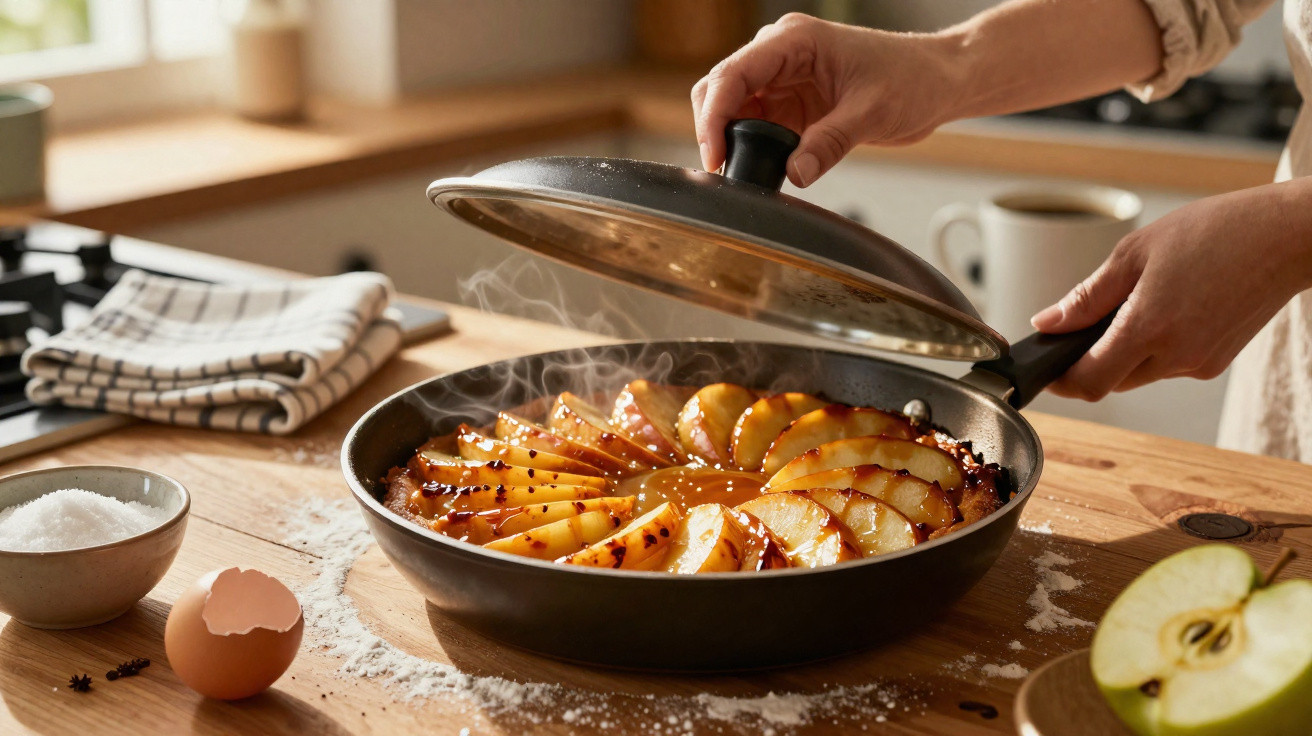 Pessoa a levantar tampa de frigideira com tarte de maçã quente na cozinha caseira.