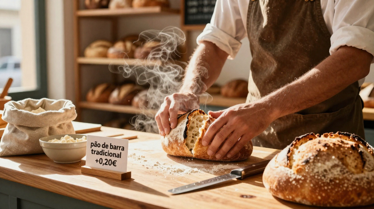 Padeiro a partir pão fresco e fumegante numa padaria tradicional com várias fornadas ao fundo.