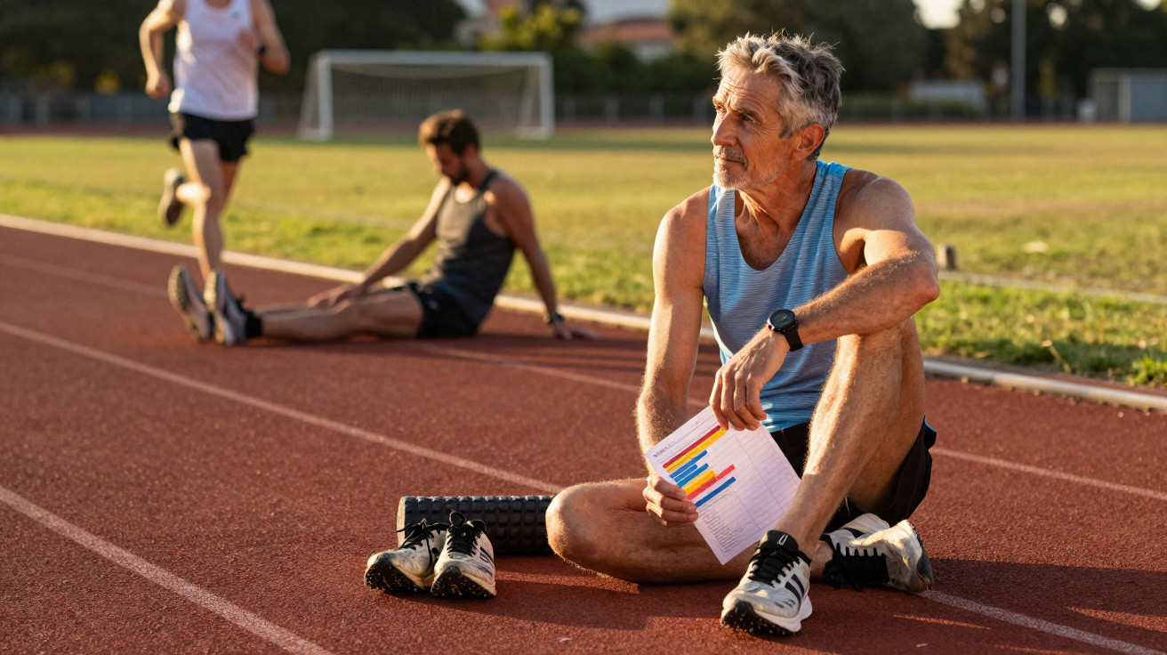 Homem sénior sentado na pista de atletismo com gráfico, outros dois homens exercitam-se ao fundo.