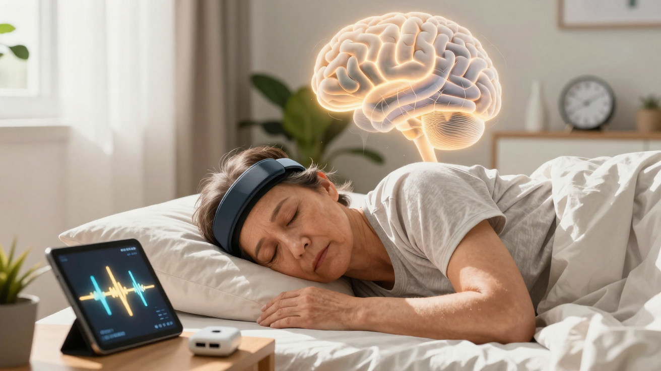 Mulher a dormir com dispositivo na cabeça e gráfico cerebral digital flutuante num quarto iluminado.