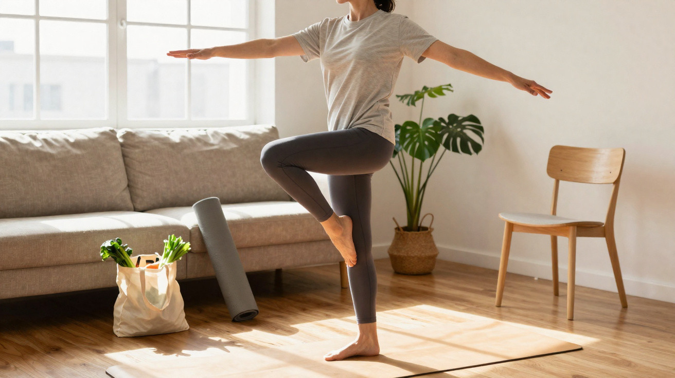 Mulher a praticar yoga em casa, equilibrada numa perna sobre tapete, com saco de legumes e planta ao fundo.