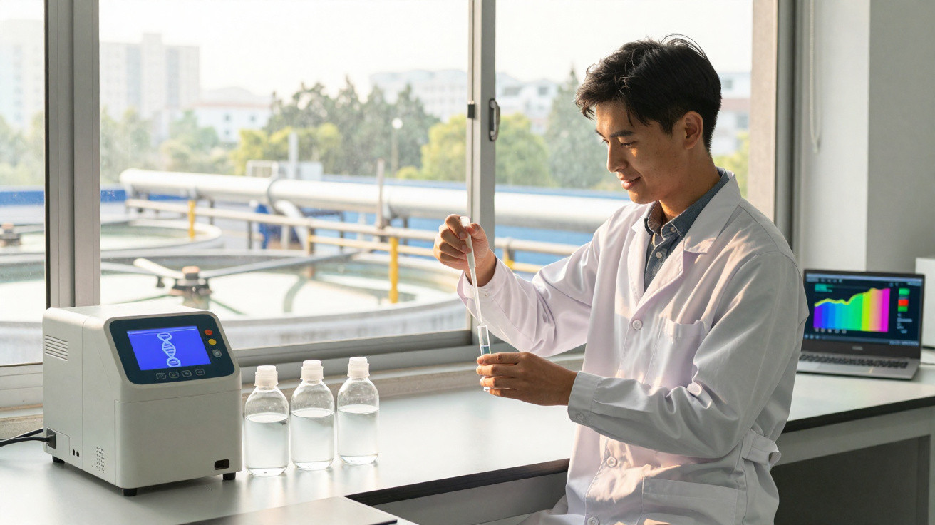Cientista em bata branca a analisar amostra líquida num laboratório com equipamento e computador.