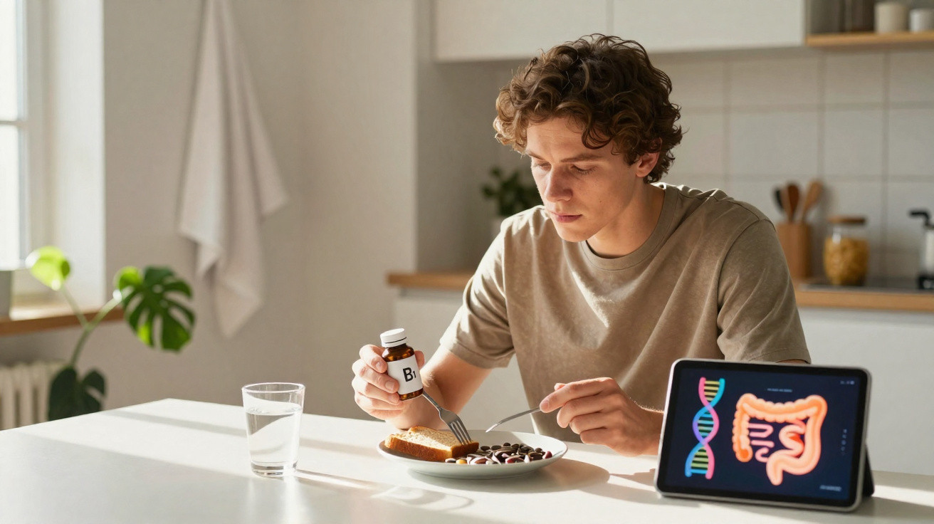 Jovem sentado à mesa, a tomar suplementos e a comer torrada, com tablet a mostrar ADN e intestinos.