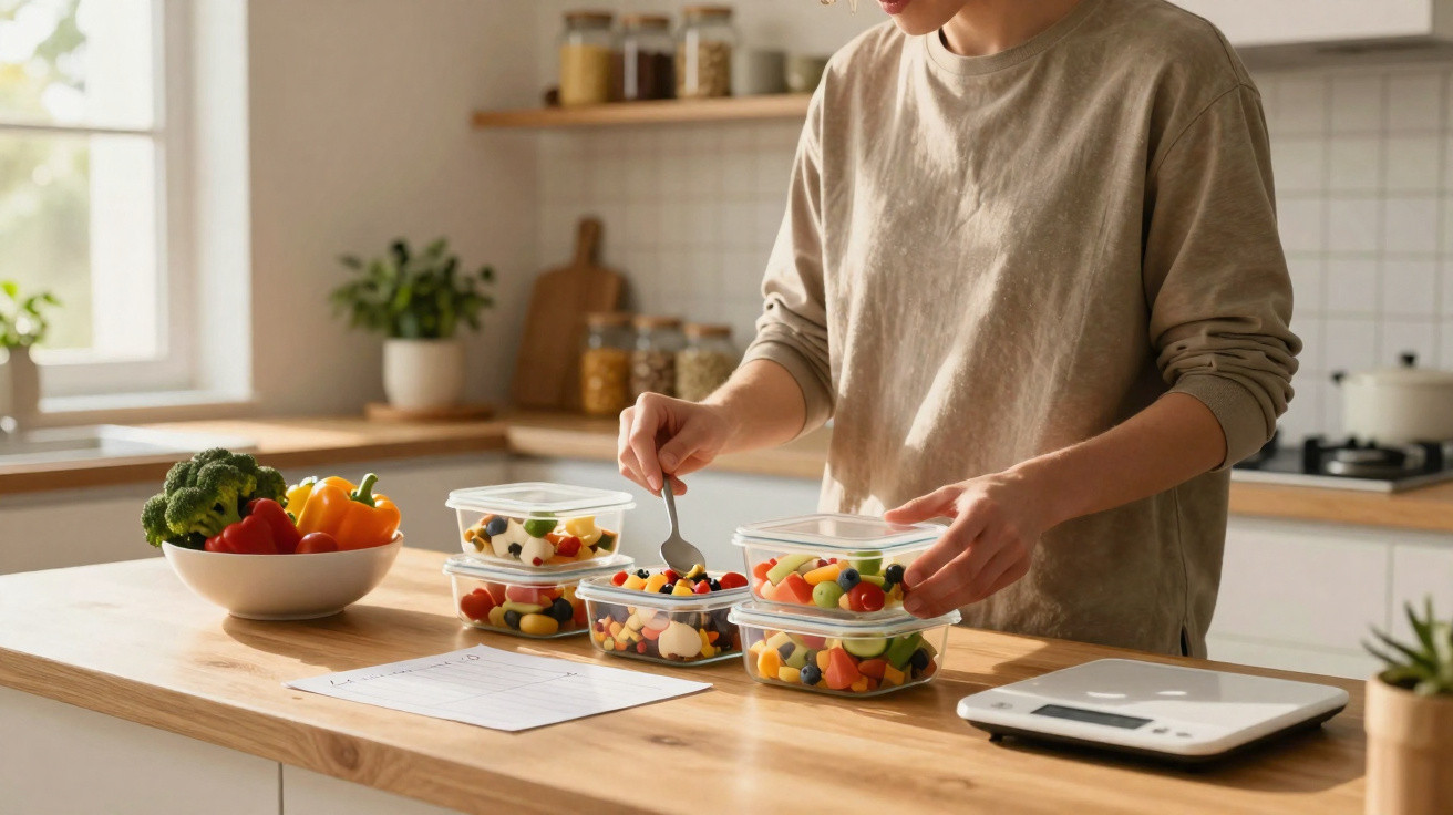 Pessoa a preparar salada em marmitas transparentes numa cozinha luminosa com legumes e balança digital.