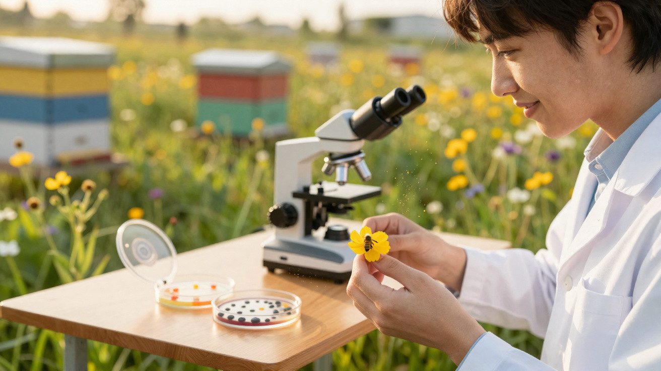 Cientista analisa flor amarela perto de microscópio numa colmeia ao ar livre durante o dia.