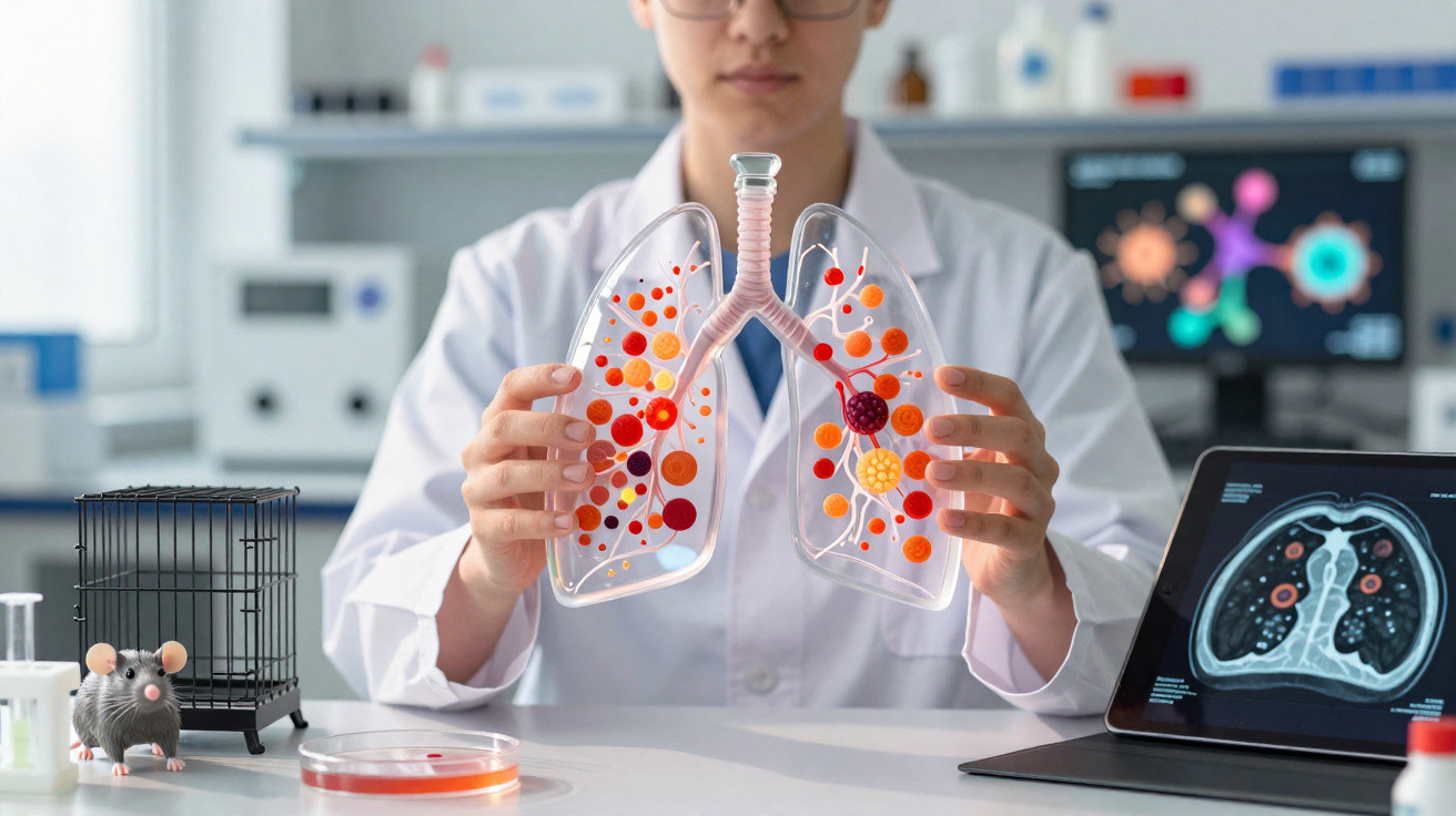 Cientista segura modelo transparente de pulmões com células coloridas, ao lado de rato e imagem digital de pulmões.