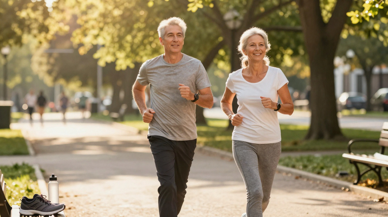 Casal sénior a correr no parque num dia soalheiro, com árvores e bancos ao redor.
