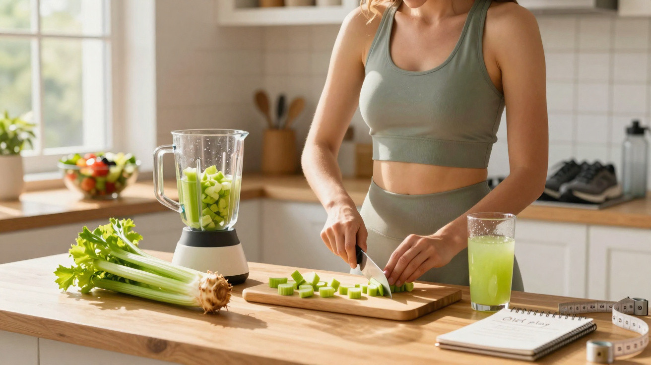 Mulher a cortar aipo numa cozinha luminosa, com liquidificador, copo de sumo verde e caderno de notas.