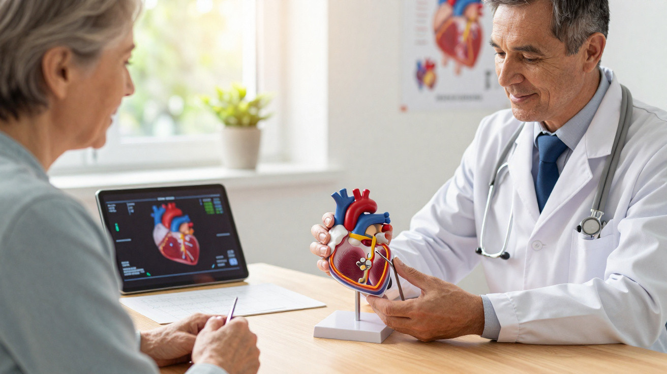 Médico explica função do coração a paciente usando modelo cardíaco e tablet com imagem do coração.