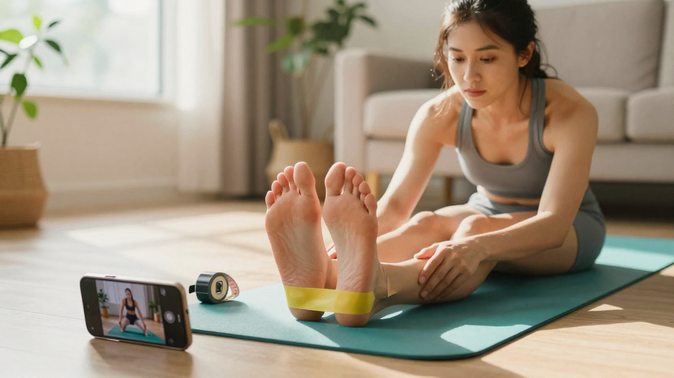 Mulher estica as pernas num tapete de yoga enquanto grava treino com smartphone numa sala iluminada.