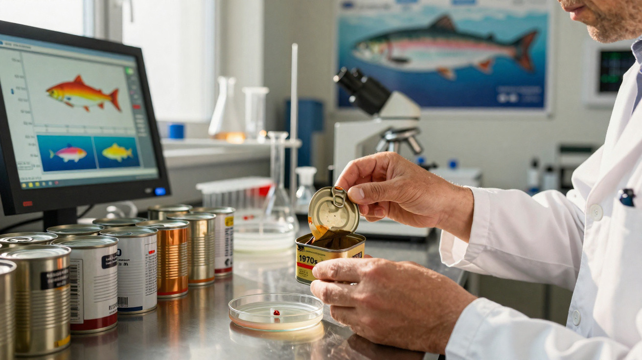 Cientista a analisar conteúdo de lata de peixe numa mesa de laboratório com computador e microscópio ao fundo.