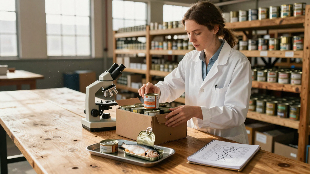 Mulher cientista a examinar latas de peixe em laboratório com microscópio e notas numa mesa de madeira.