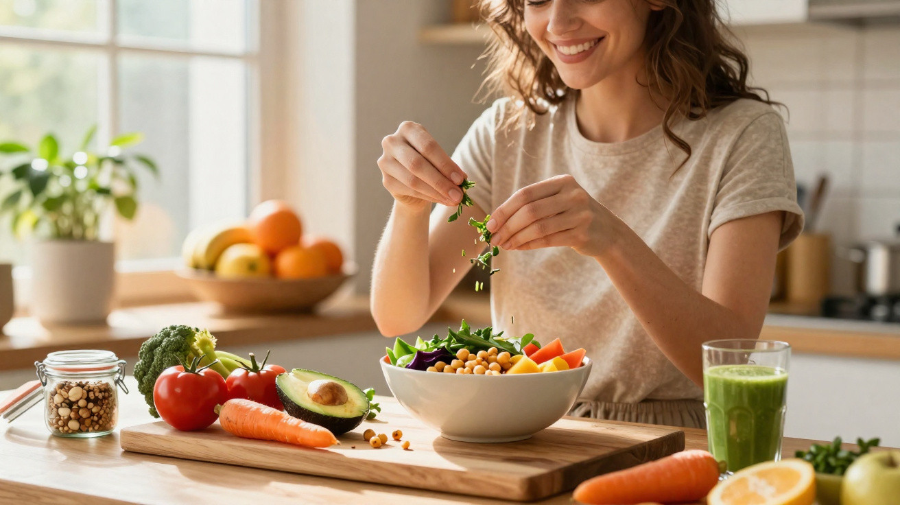 Mulher sorridente a preparar salada com legumes frescos e sumo verde numa cozinha iluminada.
